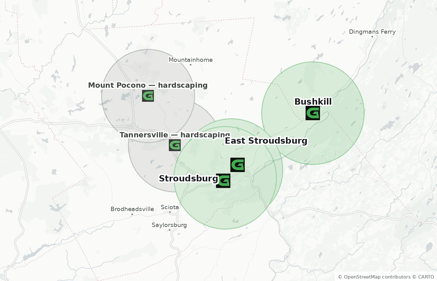 Map of the Poconos. Good Guyz covers all services around Bushkill, East Stroudsburg and Stroudsburg, and hardscaping around Tannersville and Mount Pocono. Nearby towns shown for orientation: Mountainhome, Swiftwater, Pocono Pines, Bartonsville, Brodheadsville, Sciota, Saylorsburg and Dingmans Ferry.